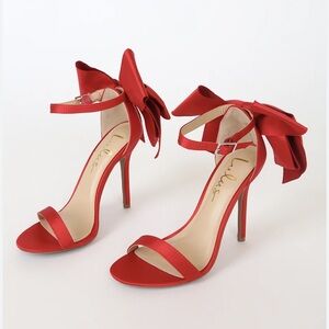 Lulus Ayanna Red Satin Bow Ankle Strap Heels